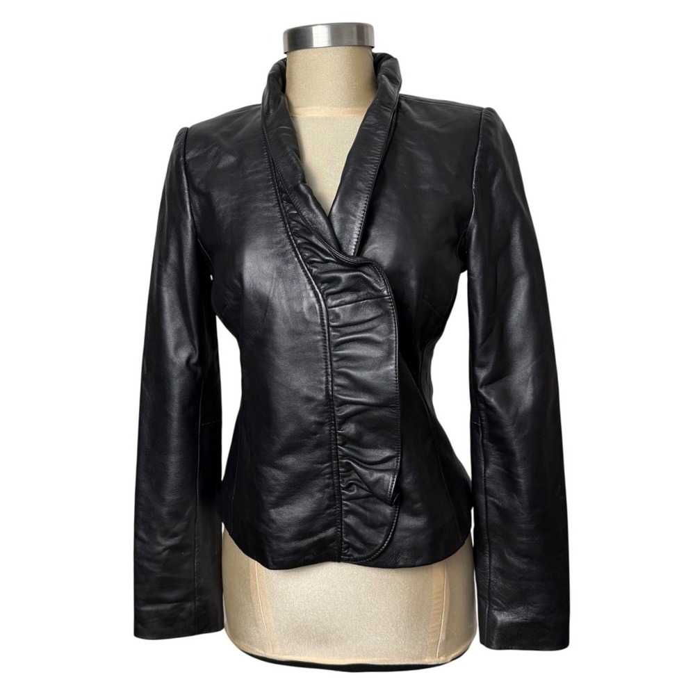 INC International Concepts Black Leather Ruffle Jacket Women S Moto Chic